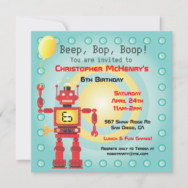 Retro Robot Birthday Party Invitations (Front)