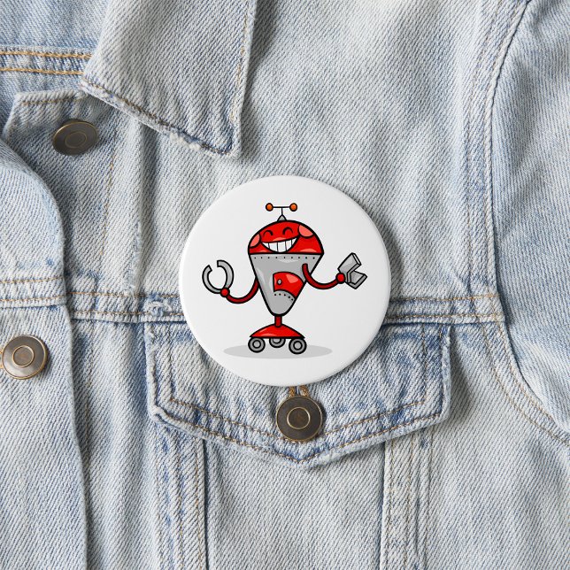 Retro Robot Cartoon Fun Red and Silver AI Bot  Button (Creator Uploaded)