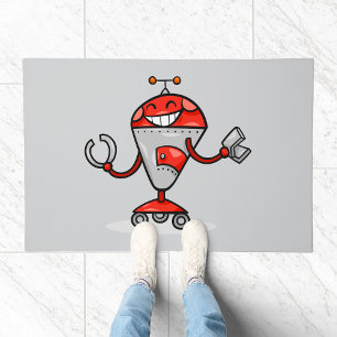 Retro Robot Cartoon Fun Red and Silver AI Bot Doormat