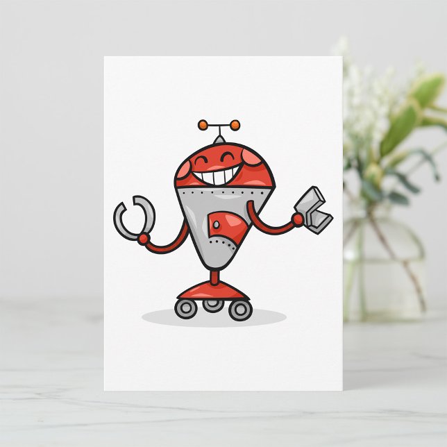 Retro Robot Cartoon Fun Red and Silver AI Bot  Invitation (Creator Uploaded)