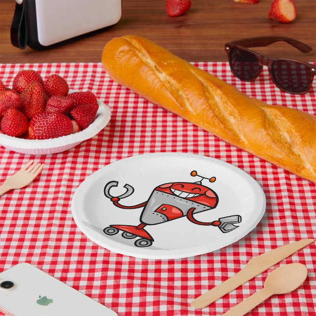 Retro Robot Cartoon Fun Red and Silver AI Bot  Paper Plates (Creator Uploaded)