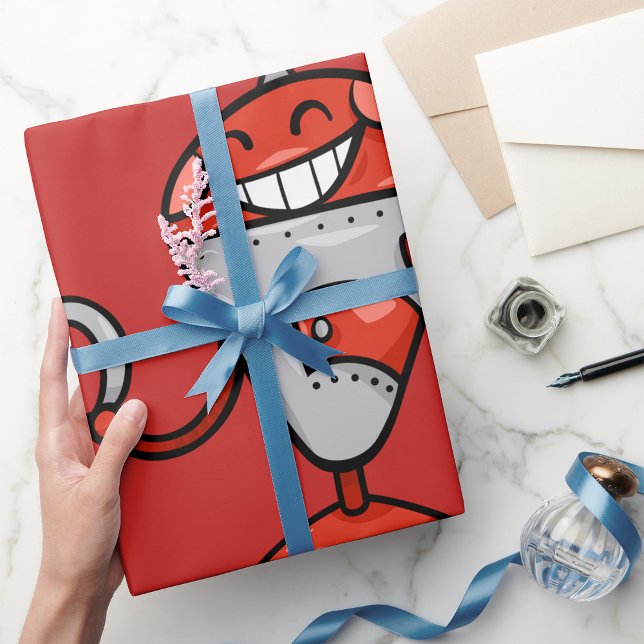 Retro Robot Cartoon Fun Red and Silver AI Bot  Wrapping Paper (Creator Uploaded)