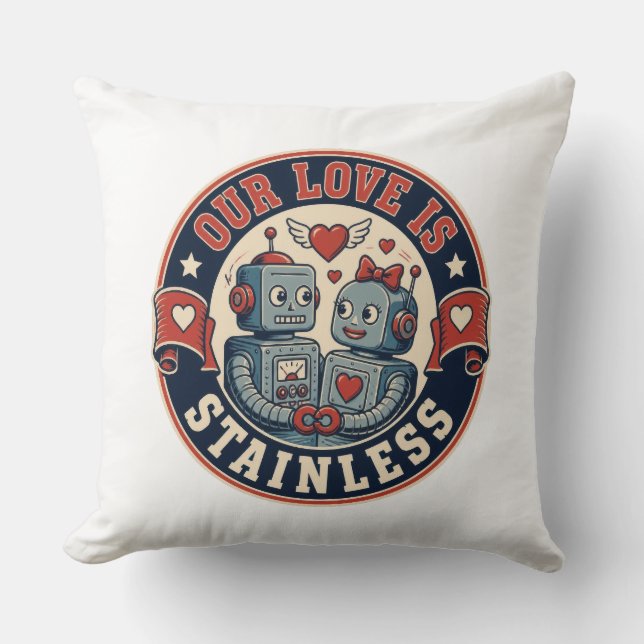 Retro robot couple badge throw pillow (Front)