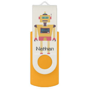 Retro Robot Illustration Personalised Kids Flash Drive