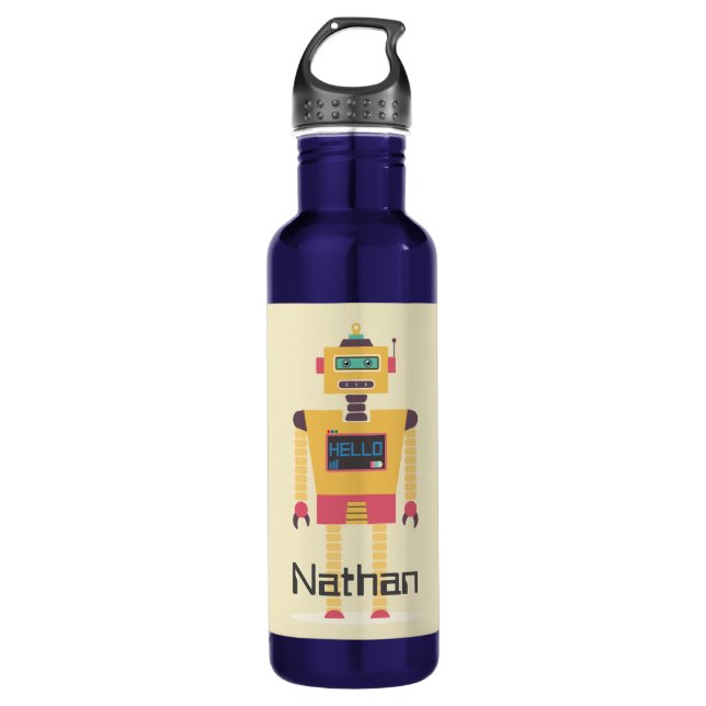 Retro Robot Illustration Personalised Kids Stainless Steel Water Bottle (Front)