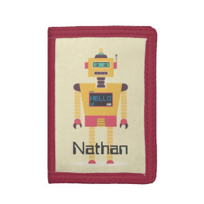 Retro Robot Illustration Personalised Kids Tri-fold Wallet
