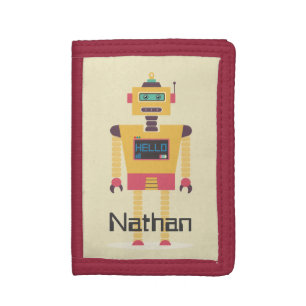 Retro Robot Illustration Personalised Kids Tri-fold Wallet