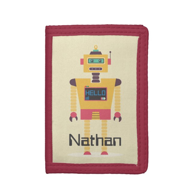 Retro Robot Illustration Personalised Kids Trifold Wallet (Front Vertical)