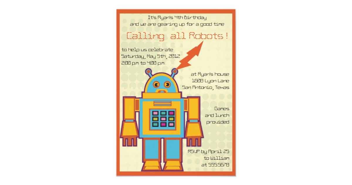 Retro Robot-kids birthday invitation -4 | Zazzle.com