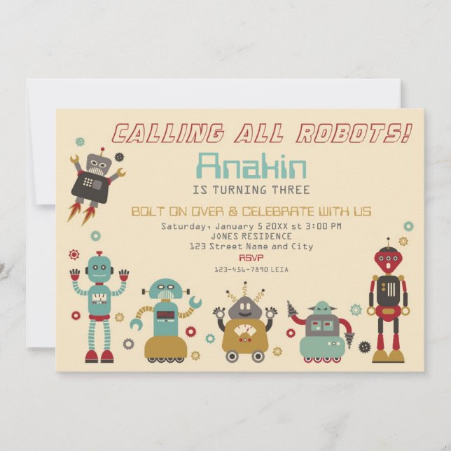 Retro Robot Party Birthday Invitation (Front)