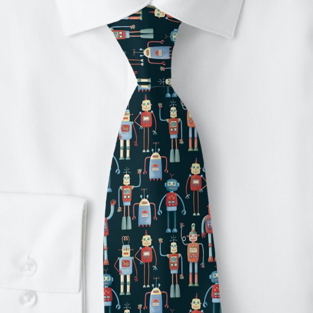 Retro Robot Pattern Dark Neck Tie (Retro robot pattern neck tie)