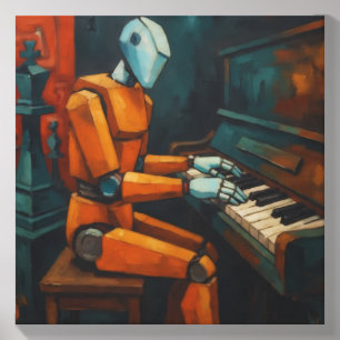 RETRO ROBOT PIANIST I COLORFUL ABSTRACT MUSIC ART CANVAS PHOTO TILE