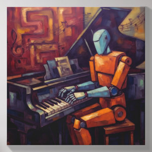 RETRO ROBOT PIANIST II VINTAGE AI MUSICIAN CANVAS PHOTO TILE