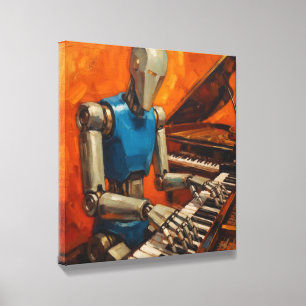 RETRO ROBOT PIANIST III WHIMSICAL PIANO PERFORMER CANVAS PHOTO TILE