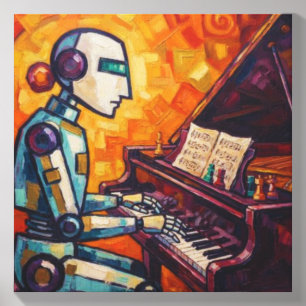RETRO ROBOT PIANIST VI COLORFUL VINTAGE PIANO ART CANVAS PHOTO TILE