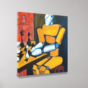 RETRO-ROBOT PLAYING CHESS COLOURFUL DECORATIVE CANVAS PHOTO TILE