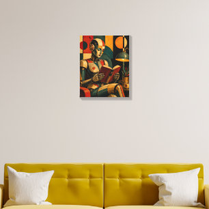 RETRO ROBOT READING III COLORFUL LITERARY ROBOT CANVAS PHOTO TILE