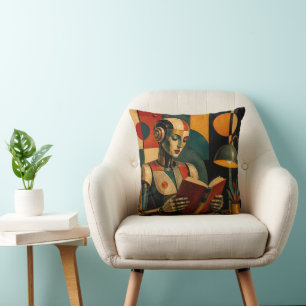 RETRO ROBOT READING III   COLORFUL LITERARY ROBOT THROW PILLOW