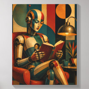 RETRO ROBOT READING IV WHIMSICAL ROBOT BOOKWORM CANVAS PHOTO TILE