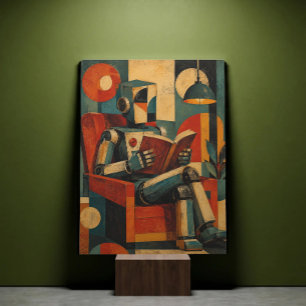 RETRO ROBOT READING V WHIMSICAL ROBOT BOOKWORM CANVAS PHOTO TILE