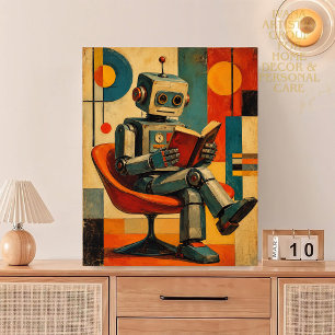 RETRO ROBOT READING VI ABSTRACT BOOK LOVER DECOR CANVAS PHOTO TILE