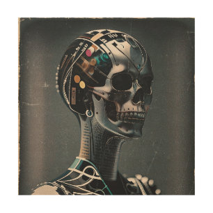 Retro robot skeleton wood wall art