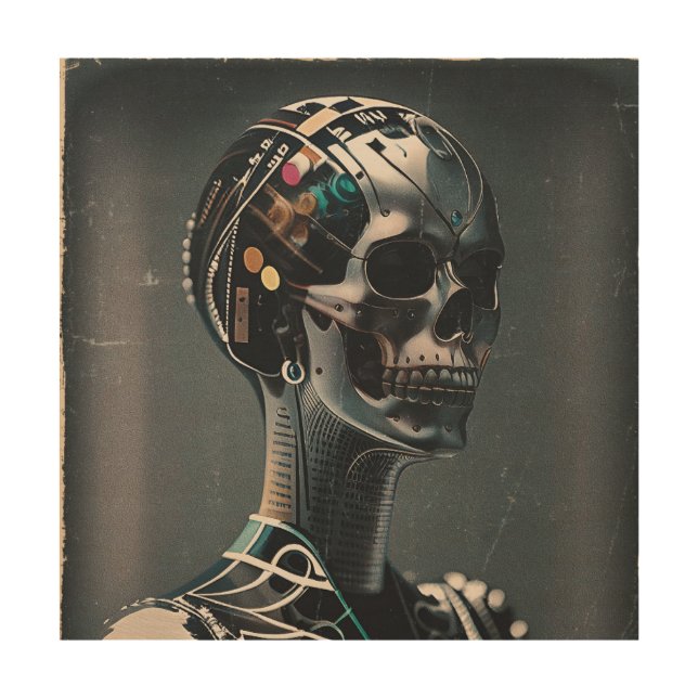 Retro robot skeleton wood wall art (Front)