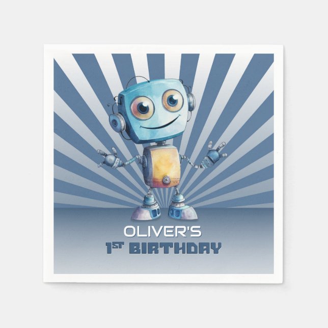 Retro Robot Theme 1st Birthday Napkins (Front)