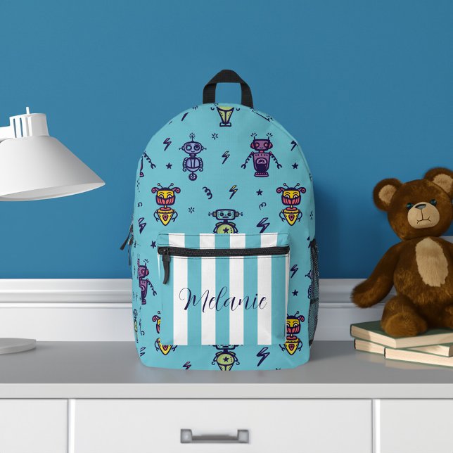 Retro Robotic Robots Colorful Blue Name Printed Backpack (Retro Robotic Robots Colorful Blue Name Printed Backpack)