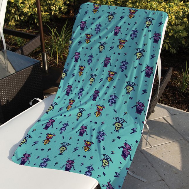 Retro Robotic Robots Colorful Blue Pattern Beach Towel (Creator Uploaded)
