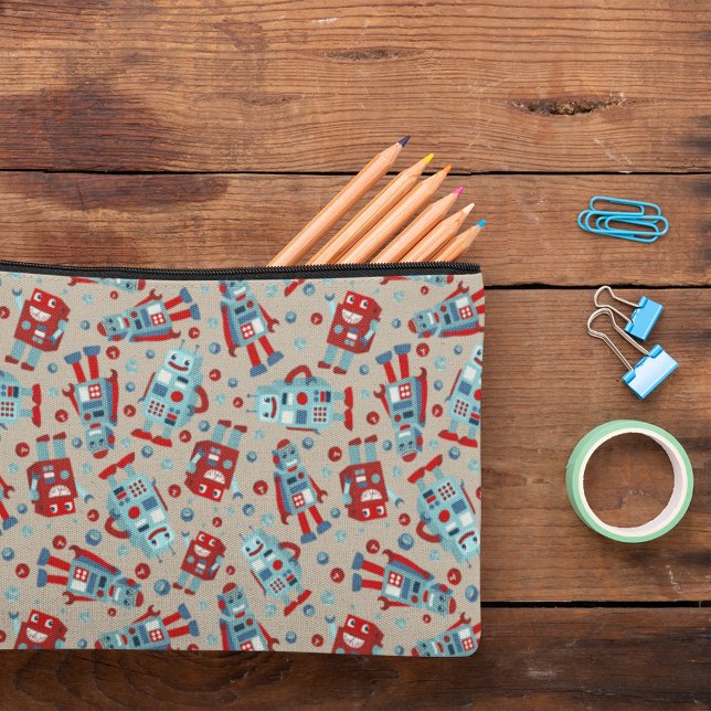 Retro Robots Blue and Red Patterned Accessory Pouch (Creator Uploaded)