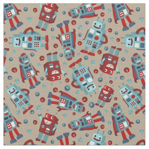 Retro Robots Blue and Red Patterned Fabric