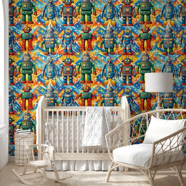 Retro robots, Galactic adventure vintage style wal Wallpaper (Kids)