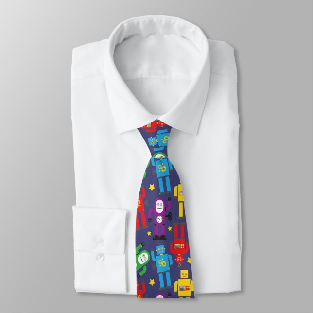 Retro Robots Pattern Geek Blue Wedding Neck Tie (Tied)