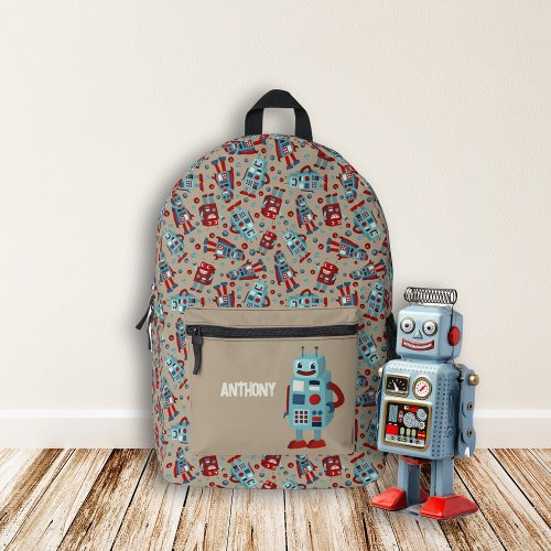 Retro Robots Personalized Printed Backpack