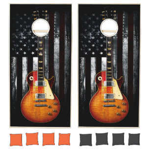 Retro Rock American Flag and Electric Guitar Cornhole Set