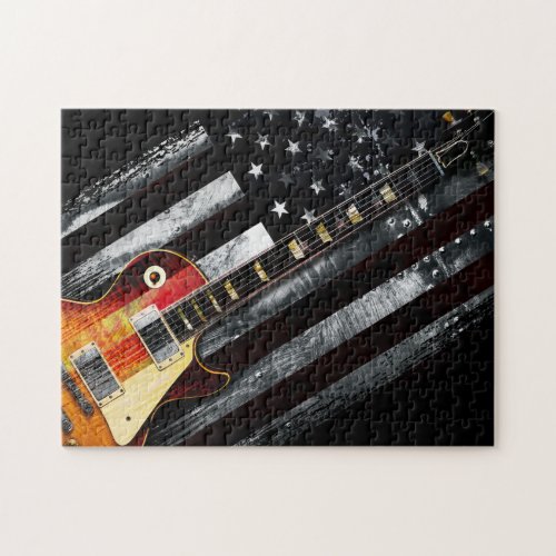 RETRO ROCK American Flag and Electric Guitar Jigsaw Puzzle