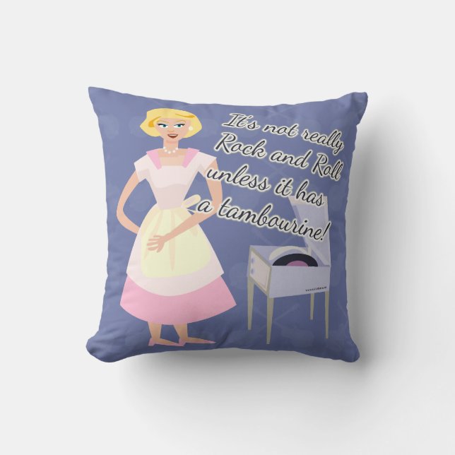 Retro Rock Music Lover Kitsch Cartoon Housewife Throw Pillow (Front)