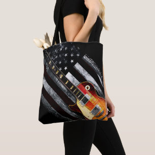 RETRO ROCK Vintage Electric Guitar American Flag Tote Bag