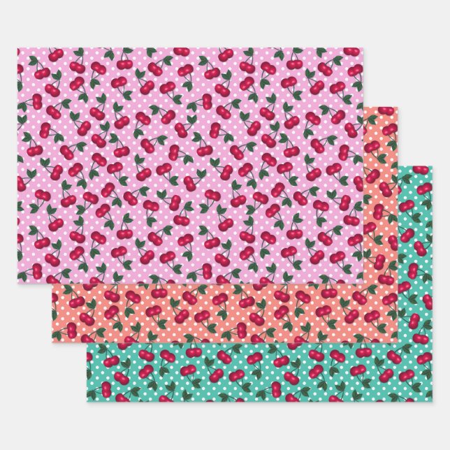 Retro Rockabilly Cherries on Polka Dots Wrapping Paper Sheets (Set)