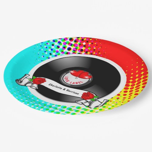 Retro Rockabilly Hearts  Roses Vinyl Record Style Paper Plates