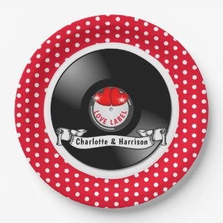 Retro Rockabilly Hearts Wedding Paper Plate