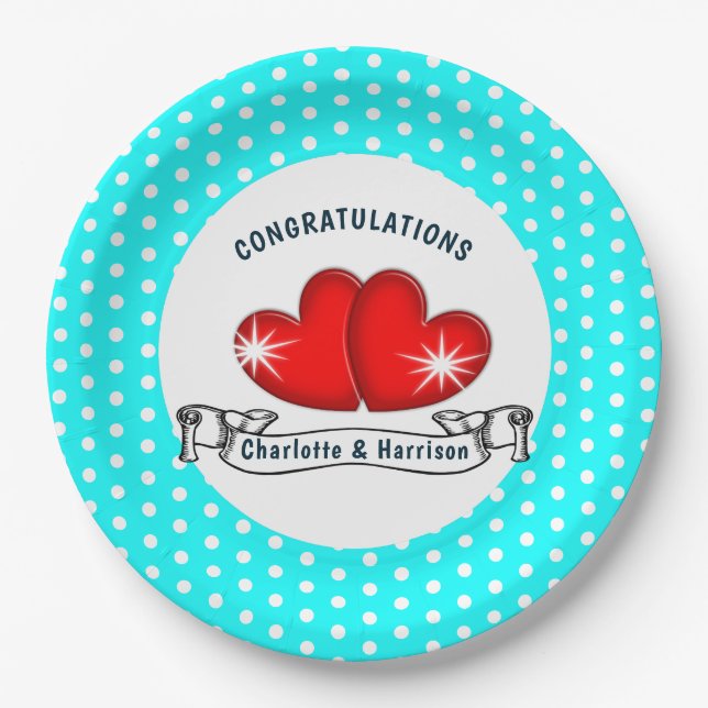 Retro Rockabilly Hearts Wedding Paper Plates (Front)