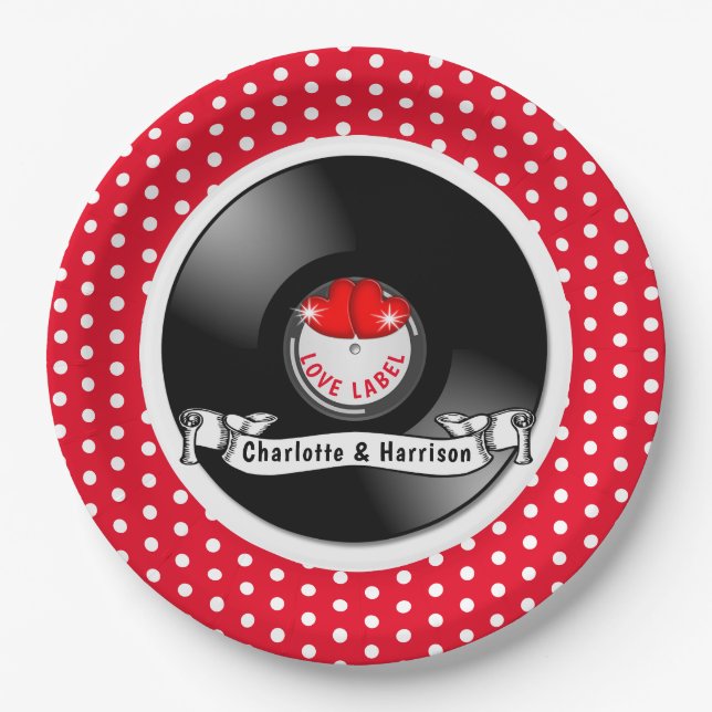 Retro Rockabilly Hearts Wedding Paper Plates (Front)