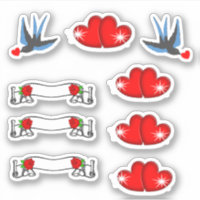Retro Rockabilly Swallows Hearts & Roses Sticker