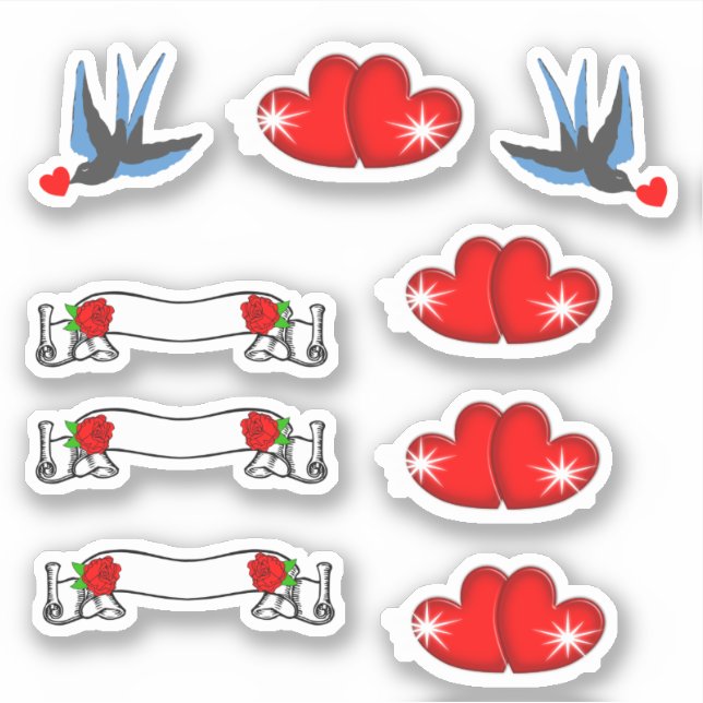 Retro Rockabilly Swallows Hearts & Roses Sticker (Front)
