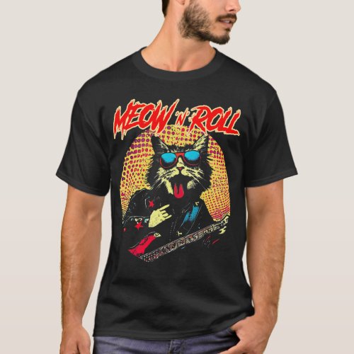 Retro Rocker Cat Playing Guitar Meow n Roll T_Shirt