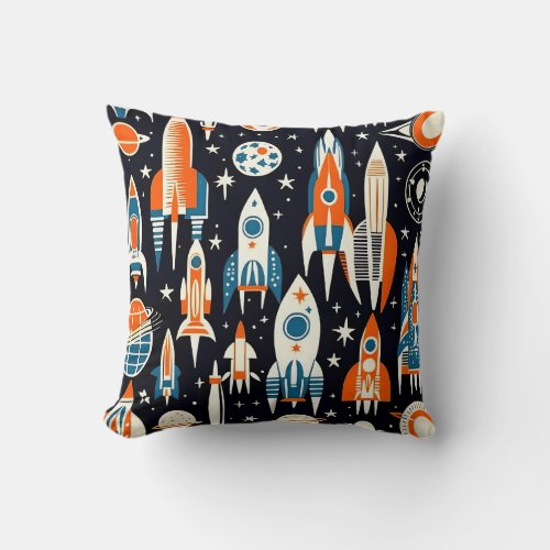 Retro Rocket and Astro Throw Pillow
