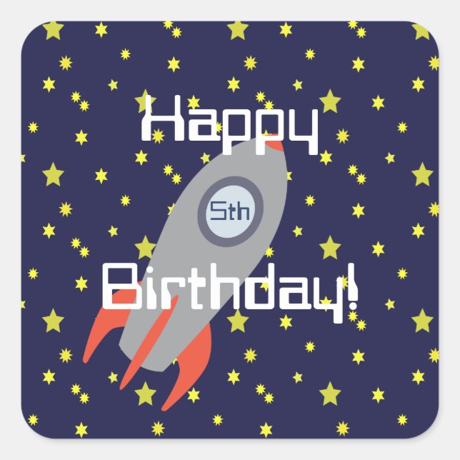 Retro Rocket Ship and Stars  Happy Birthday Square Sticker (Front)