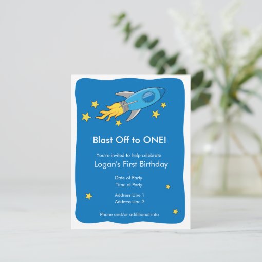 Retro Rocket Ship Blast Off Birthday Invitation | Zazzle